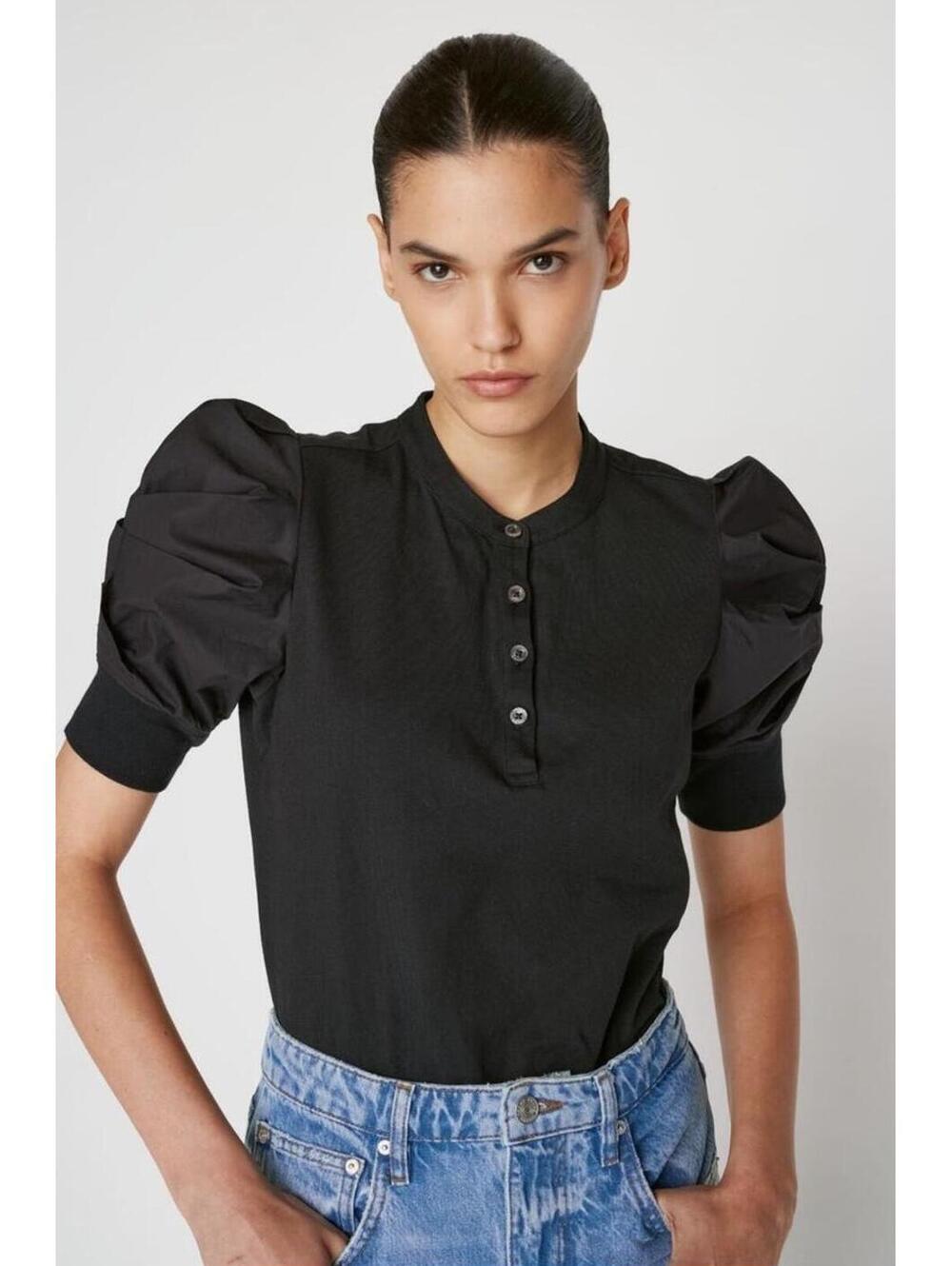 Frame Frankie Black Organic Cotton Puff Sleeve Henley L
